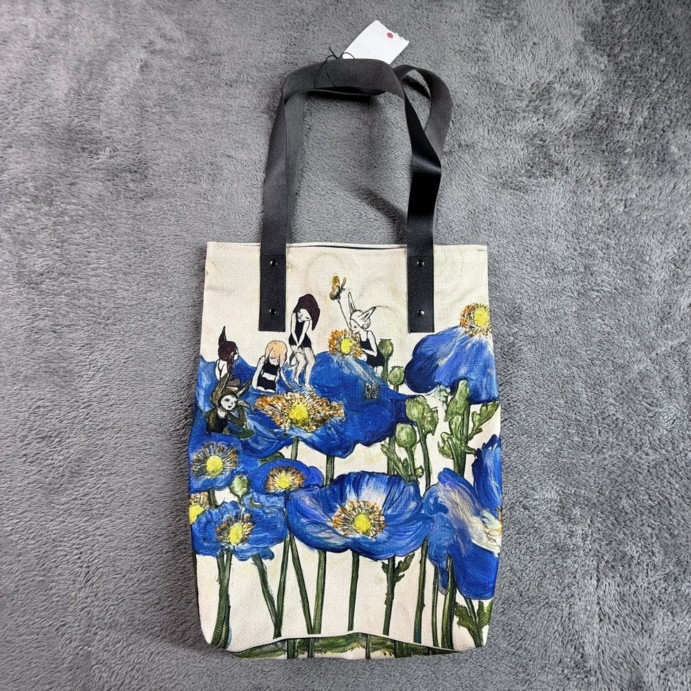 Knowledge Vegan Leather Tote Bag Janet Sgro Blue Floral Fantasy Art Canvas 17x14